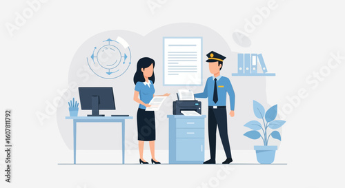 Police Officer Submitting Document Request To Government Administration Office