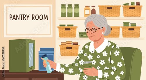 Senior Woman Organizes Food Supplies In Pantry Room With Care And Attention