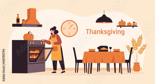 Woman Cooking Traditional Thanksgiving Dinner at Home For Family Holiday