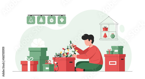 Preparing Christmas Decor With Festive Mood And Decorating Presents At Home