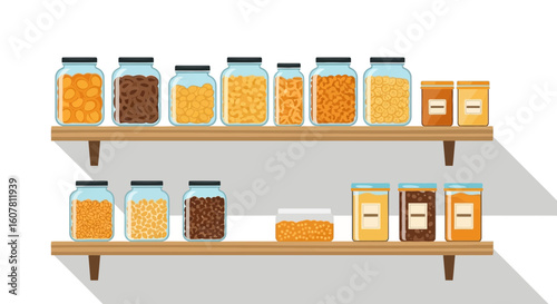 Shelves Full Of Jars Containing Different Legumes And Pasta Shapes Vector Illustration