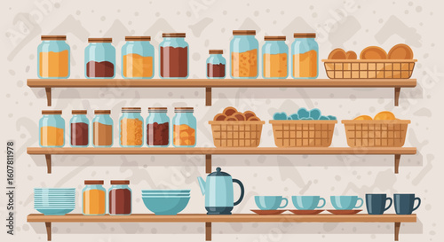 Shelves With Jars And Kitchenware A Colorful And Organized Pantry Scene