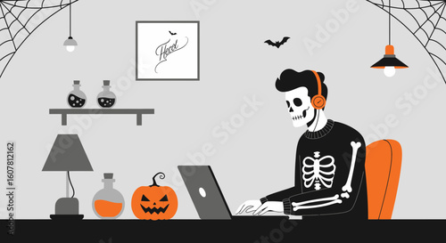 Skeleton Working From Home On Halloween Night Illustration Theme Graphic