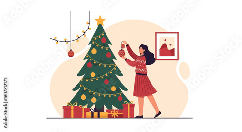 Woman Decorating Home Christmas Tree With Ornaments For Holiday Season