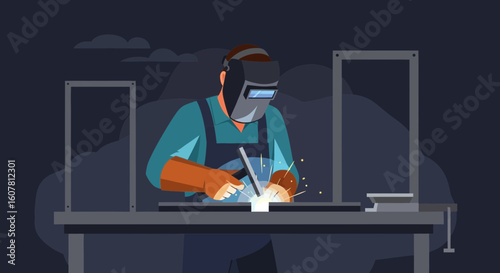 Skilled Welder Engaged In Fabrication Process Under Protective Gear In Dark Setting