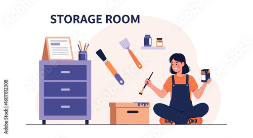Woman Decorating Storage Room At Home With Paint Brush And Paint Can