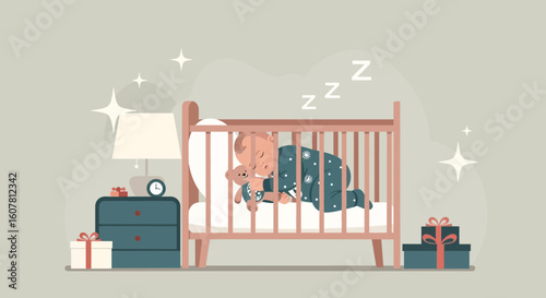Sleeping Baby In Crib With Presents Under Night Light Illustration