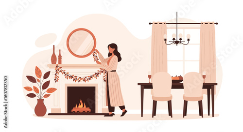 Preparing Home Decorations With Fireplace and Dinner Table For Festive Celebration