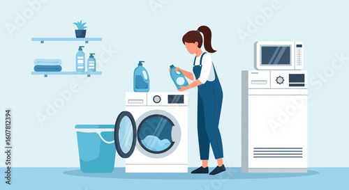 Woman Does Laundry Pouring Liquid Into Machine For Cleanliness