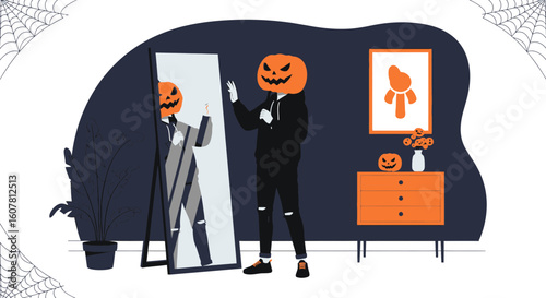 Preparing Pumpkinhead Costume For Halloween Party At Home And Looking In The Mirror