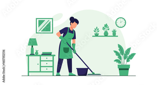 Woman Doing Housework Cleaning Floor With Mop At Home Interior