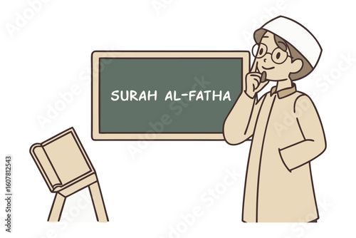 Wise teacher in traditional attire guides young student in geography lesson pointing at a detailed globe with books nearby