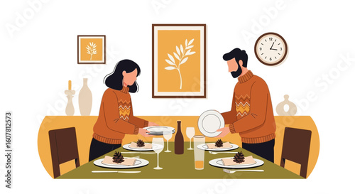 Preparing Thanksgiving Dinner Together Festive Table Setting Happy Holiday Concept