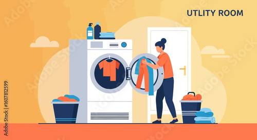 Woman Doing Laundry At Home Cartoonish Vector Illustration in Utility Room