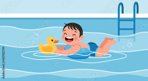Smiling Boy Floating in a Swimming Pool with Yellow Rubber Duck