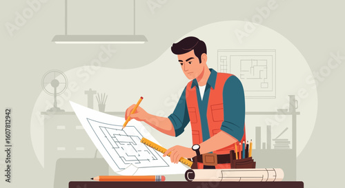Professional Architect Working On Blueprint In The Office Design Studio
