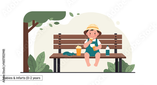 Smiling Little Kid Enjoying a Tasty Snack on a Park Bench Outdoors