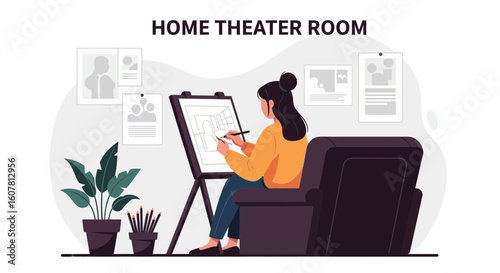Woman Drawing Interior Design On Easel In A Cozy Home Theater Room