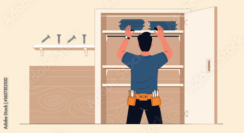 Professional Carpenter Builds Wooden Cabinetry In The Home Repairing Services
