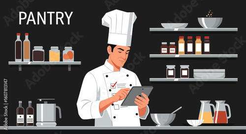 Professional Chef Using Digital Tablet To Manage Pantry Inventory