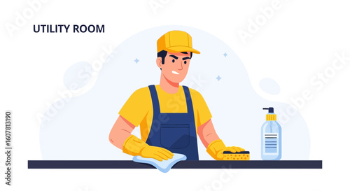 Professional Cleaner Maintaining Cleanliness in a Utility Room Environment