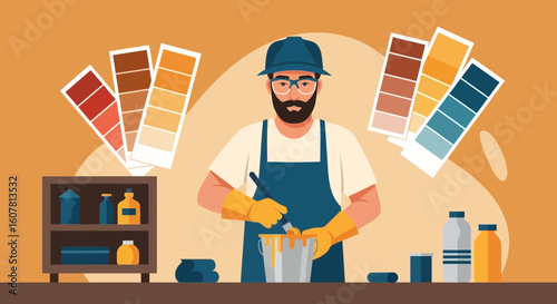 Professional House Painter Mixing Colors For Interior Design With Color Swatches