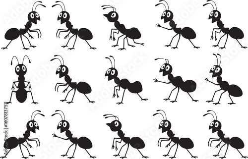 Cartoon ants in various poses on a white background illustration for design projects