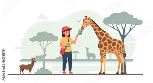 Woman Feeds Giraffe At A Wildlife Sanctuary In An African Landscape