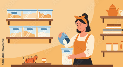 Woman Filling Storage Container With Pantry Staples For Organized Kitchen