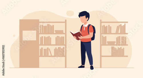 Student Reads Book In Library With Backpack And Bookshelves Background Illustration