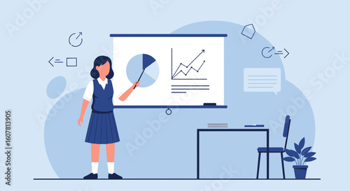 Student Presentation With Charts Demonstrating Growth And Analyzing Statistical Data