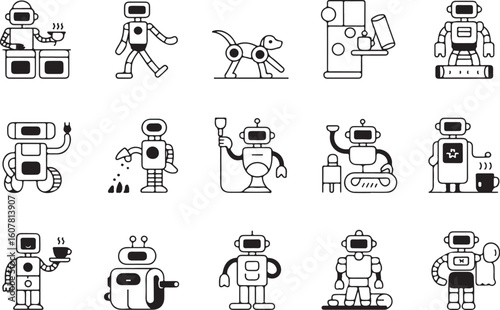 Collection of cute illustrated robots in different actions and various robotic designs