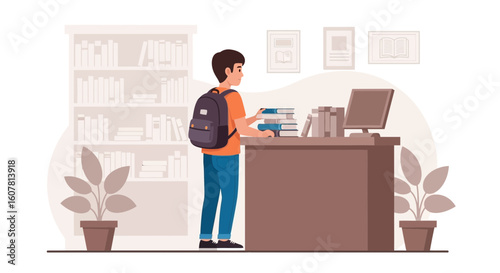 Student Returns Books In The Library After School Education