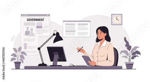 Woman In Government Office Preparing Documents At The Computer For Meeting