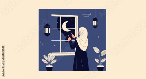 Woman In Hijab Gaze At Crescent Moon Through Window At Night Decoration