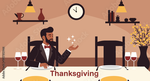 Stylish Man Posing In Dinner Table For Thanksgiving Holiday Celebration
