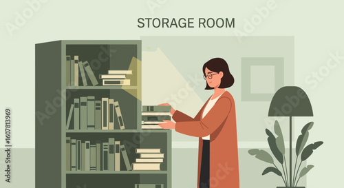 Stylish Woman Organizes Bookshelf In A Minimalist Interior Storage Room