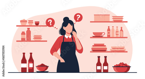 Woman In Kitchen Thinking About Meal Recipe With Question Marks Around Her Head