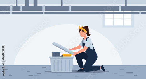 Woman In Overalls Working In Basement Doing Home Repairs And Improvements