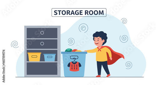Super Kid Tidying Clothes In Storage Room At Home Illustration