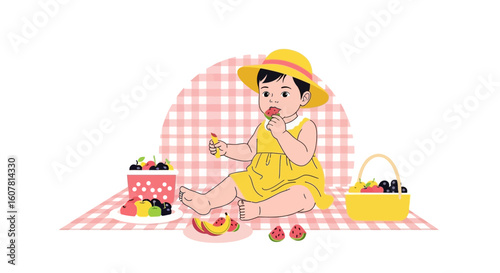 Sweet Baby Enjoying Watermelon During A Picnic On A Blanket Under The Sun