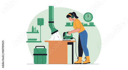 Woman Is Crafting Wooden Object With A Jigsaw In The Workshop