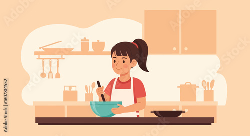 Woman Is Preparing A Delicious Meal At Home In Her Kitchen