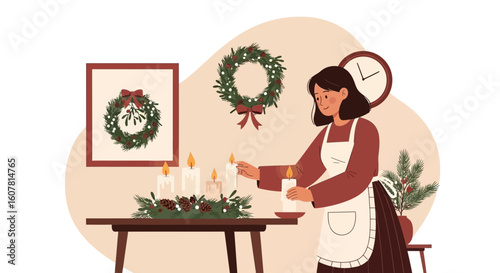 Woman Lighting Advent Candles During Christmas Eve Preparations At Home