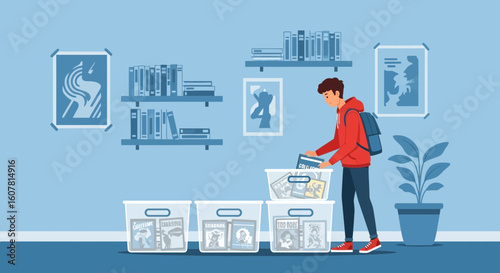 Teenager Organizes Comic Book Collection At Home On Shelves And Containers