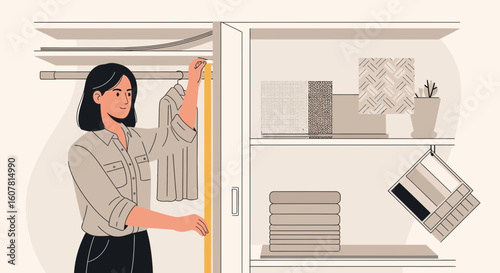 Woman Measures The Inside Of Her Closet With A Tape Measure For Organization