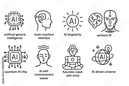 Futuristic AI Concepts Illustration Set with Minimalist Line Icons