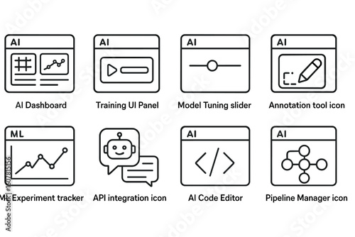 Set of AI and Machine Learning Interface Icons Including Dashboard, Training Panel, and Code Editor