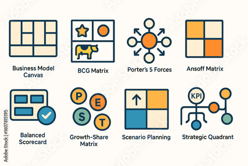 Strategic Business Model Icons Set: Canvas, BCG Matrix, Porter's Forces, Ansoff Matrix