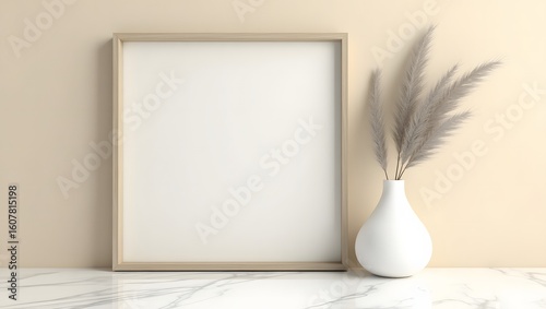 Elegant light beige vertical frame mockup with pampas grass for a stylish art or photography presentation.